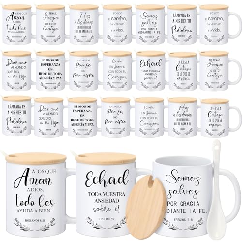 Sunnychicc Spanish Christian Coffee Mugs Bulk 12oz Bible Cups with Wooden Lids & Spoons