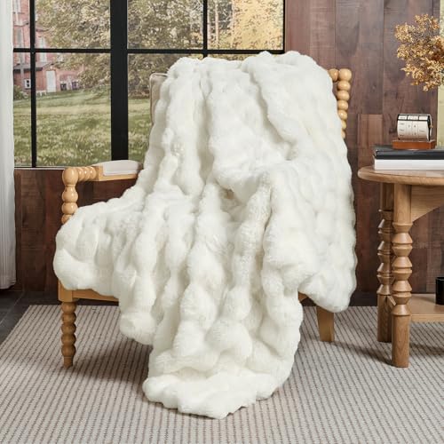 Queen Size Faux Fur Bubble Blanket - Cream White 90x90 Inches - Cozy & Luxurious