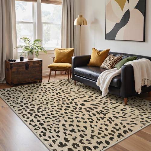 Leopard Print Washable Area Rug 6x9 for Living Room & Bedroom Beige & Brown Variation