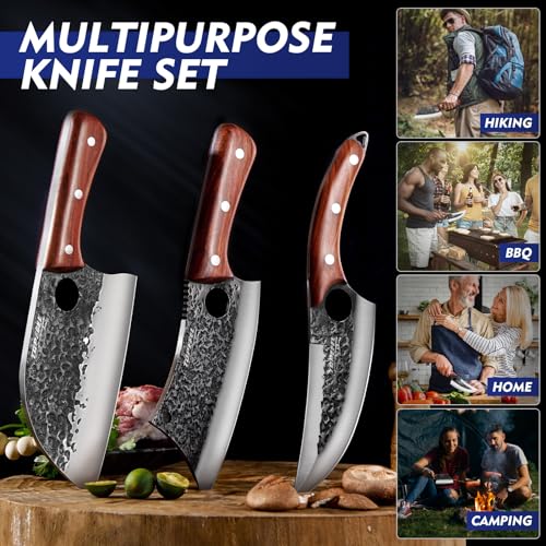Topfeel 3-Piece Hand Forged Viking Meat Cleaver Knife Set with Chef & Utility Knives