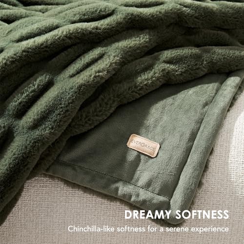 EverGrace Twin Faux Rabbit Fur Throw Blanket 60x80 Loden Green - Luxurious Cozy Bedding