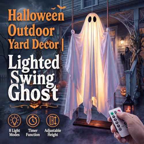 Outdoor Halloween Ghost Swing with String Lights - 5 ft Spooky Yard Decor
