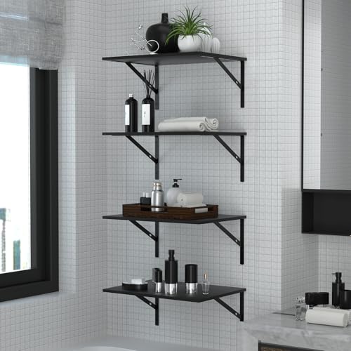 Housiture Black Floating Wall Shelves Set of 4 - 12 Inch Deep, Easy Install for Bathroom, Bedroom, Kitchen, Living Room