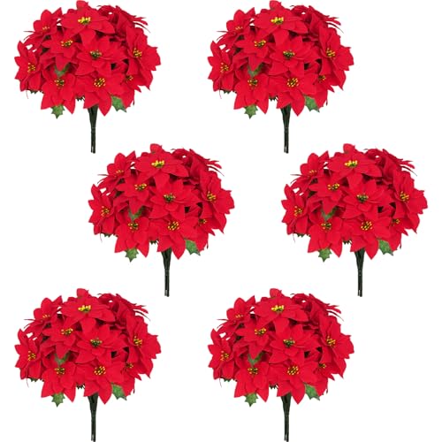 Artflower 12 Pack Poinsettias Artificial Christmas Flowers – Velvet Red Faux Poinsettias for Tree, Home & Outdoor Decor