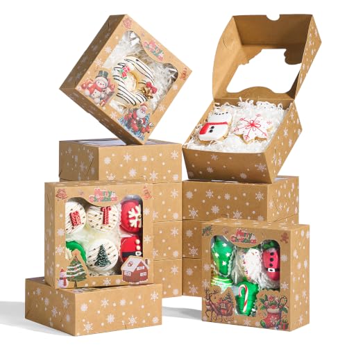 24 Pack Brown Christmas Cookie Gift Boxes with Holiday Prints, 6x6x2.5" - JCXGRVC
