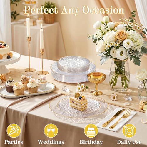 Clear Disposable Plates with Gold Rim - Heavy Duty Party Plates, Hammered Design, 60 Pieces - Variation: Clear Gold