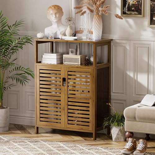Bathroom Storage Cabinet Bamboo Floor Cabinet with Double Doors and Open Shelf - Walnut Variation