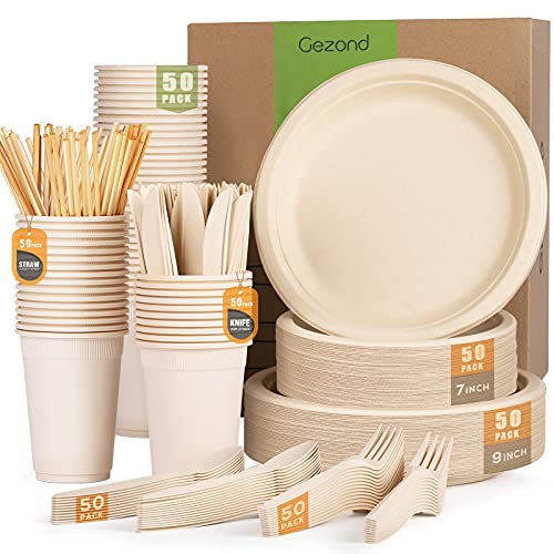 Heavy-Duty Compostable Plates Set - 350 Pieces Brown Dinnerware Utensils