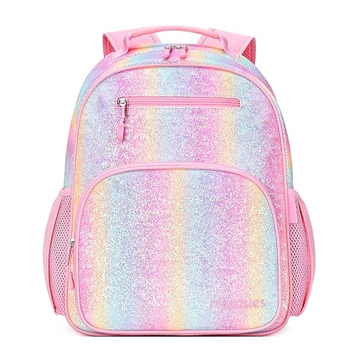 Mibasies Glitter Rainbow Kids Backpack for Elementary Girls 15" - Large Capacity, Water-Resistant, Insulated Front Pocket