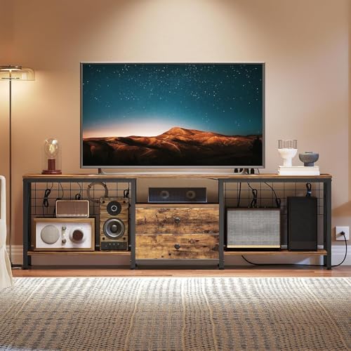 Rustic Brown TV Stand with Power Outlet & Cable Management - 70.9"