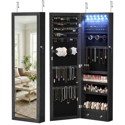 DUMOS Black Wall or Door Mounted Jewelry Organizer Cabinet with Mirror, 47.24 Inch