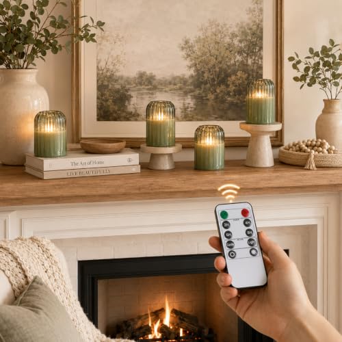 Green Glass Flameless Candles with Remote - Set of 4 LED Pillar Candles with Timer