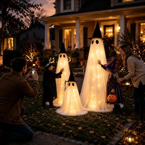 CheerBloom 3 Pack Light-Up Ghost Halloween Decorations Outdoor, Adjustable 6ft, 5ft, 2.6ft with Remote & Reusable Fabric