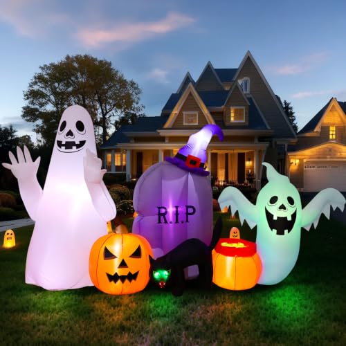 Halloween Inflatable Ghost Cat Pumpkin Decor - 8FT Yard Decoration with LED Lights & Accessories - Variation: Ghost Pumpkin