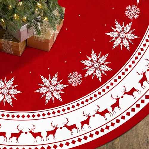 Christmas Tree Skirt 36 inch Large Tree Skirt Snowflake Reindeer Red Xmas Tree Skirt Rustic Christmas Tree Mat Decorations for Winter New Year Holiday Party Decor Indoor Outdoor (Santa, 36inch)