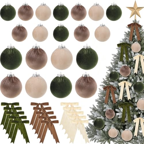 Riceshoot 44 Pcs Velvet Christmas Ornaments Set with 20 Balls & 24 Bows - Multicolor (Green, Brown, Neutral)