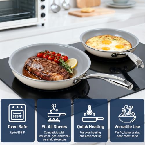 Kikcoin Ceramic Nonstick Frying Pans with Lids, 3 Pieces (8"+9.5"+11")