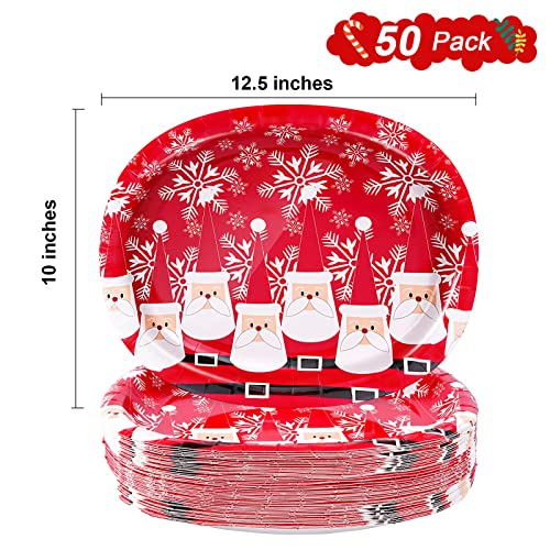 Tyzarglef 50 Count 10x12.5in Red Christmas Oval Paper Plates - Disposable Dinner Platters