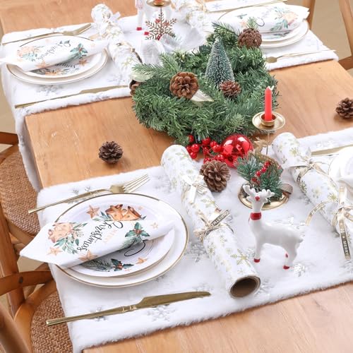 QueenDream Silver Snowflakes Faux Fur Table Runner 13x90 Inch for Christmas Decor