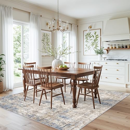 7x7 Square Washable Area Rug - Non-Slip Indoor Carpet for Living Room Bedroom Dining, Low Pile, Stain-Resistant, Modern Abstract, Blue Brown