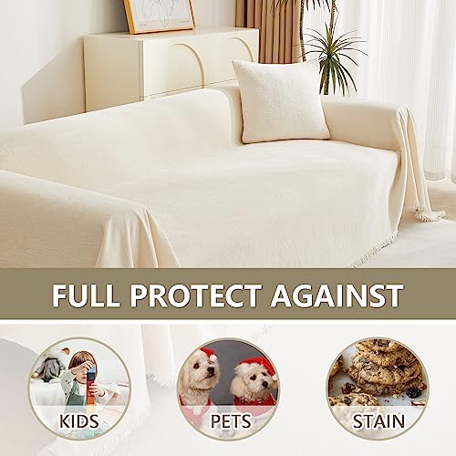 Chenille Sofa Cover 91x150 Inches with Tassel Edges for Sectional L-Shaped Couches - Beige