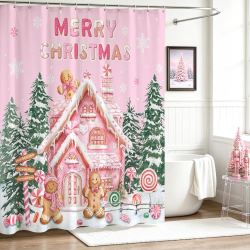 Pink Christmas Gingerbread Shower Curtain 72x72 inch Waterproof Bathroom Decor