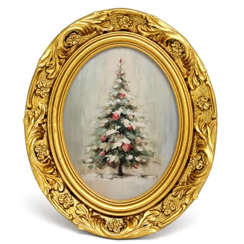 Vintage Gold Oval Christmas Tree Picture Frame - Winter Tree Variation