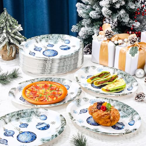Tioncy 100 Count Xmas Ball Oval Paper Plates - Vintage Blue Holiday Party Disposables (100 / Xmas Ball)