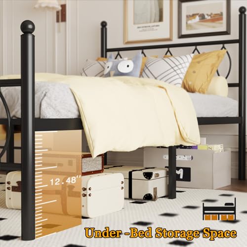 Twin Metal Platform Bed Frame with Headboard - 14 Inch Under Bed Storage - Easy Assembly, No Box Spring Needed - Black - Variation: Twin