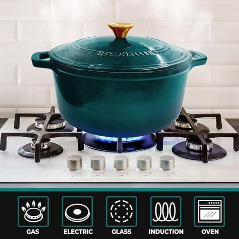 MUELLER HOME 5.5 Quart Enameled Cast Iron Oval Dutch Oven with Rooster Knob & Cotton Potholders, Heavy-Duty Cookware, Oven-Safe up to 500° F & Across All Cooktops, Gifts for Grandma & Women, White