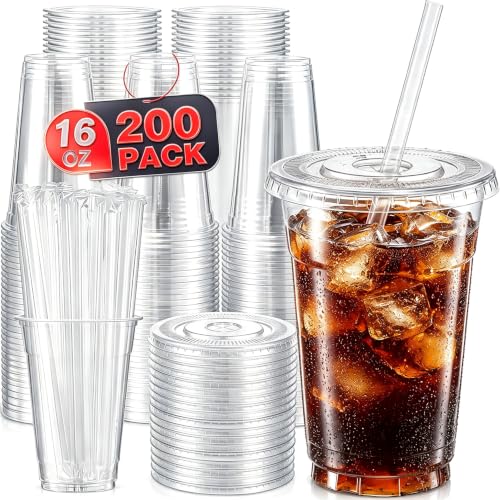 200 Pack 16 oz Plastic Cups with Lids and Straws - Leak-Proof Cold Drink Cups