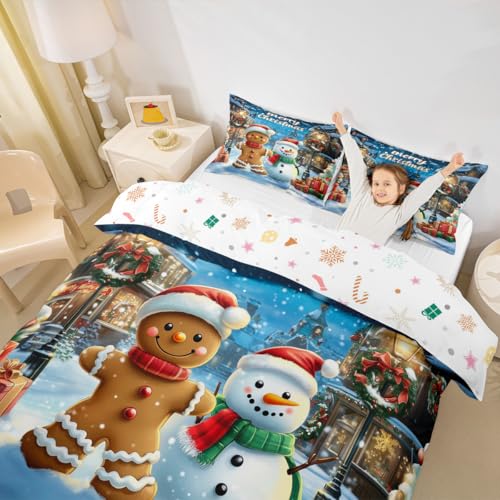 Manfei Blue Brown King Size Kids Bedding Set Gingerbread Snowman Christmas Quilt Cover