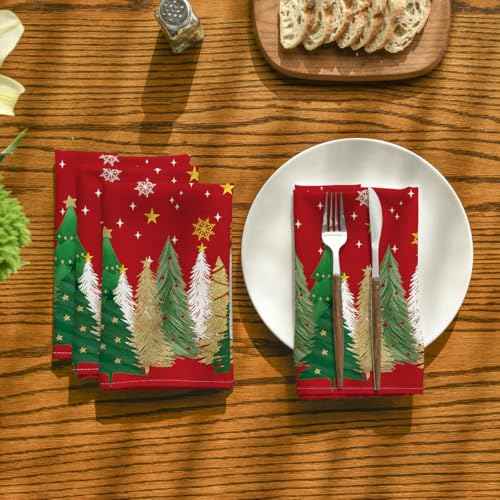Horaldaily Christmas Cloth Napkins 18 x 18 Inch, Christmas Pine Tree Stars Red Party Dinner Decoration Washable Napkins Set of 4