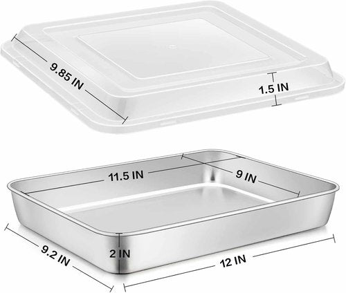 E-far Stainless Steel Baking Pan - Heavy Duty Rectangle Sheet Cake Pans with Lids | 12⅓ x 9¾ x 2 Inch - Set of 2