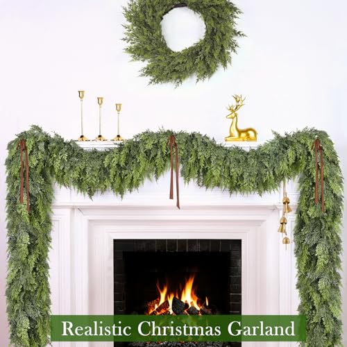 TURNMEON 9FT Extra Thick & Lush Real Touch Cedar Garland Christmas Garland, A1 Variation