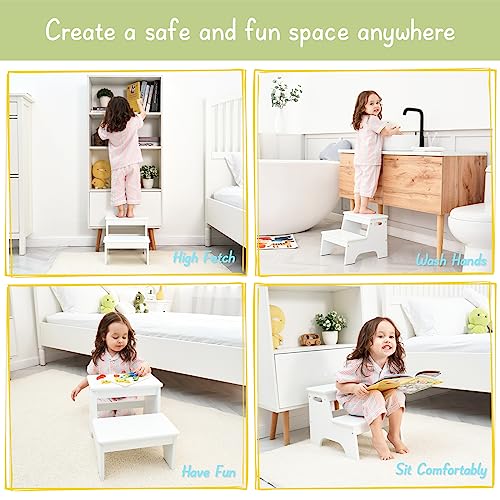 Kids Wooden Step Stool for Bathroom Sink – White Toddler Two-Step Platform with Non-Slip Mats (Variation: White)