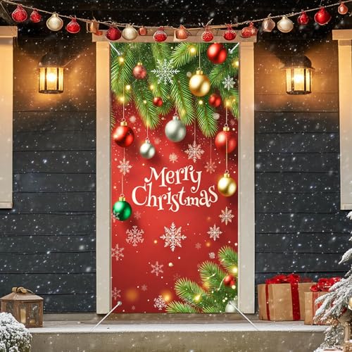 IVN Christmas Red Door Cover Banner with Ornament Branch - 71x35 Inch