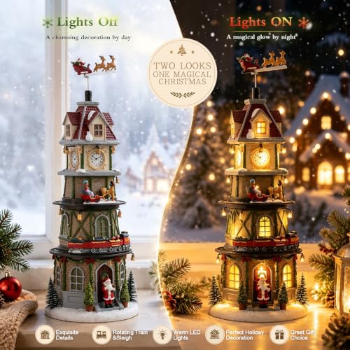 MUMTOP Animated Christmas Village Sets with Lighted Bell Tower & Clock Tower Variant