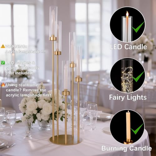 2PCS Gold Floor Candle Holders with Acrylic Lampshades - 5 Arm Candelabra Set - Elegant Event Decor