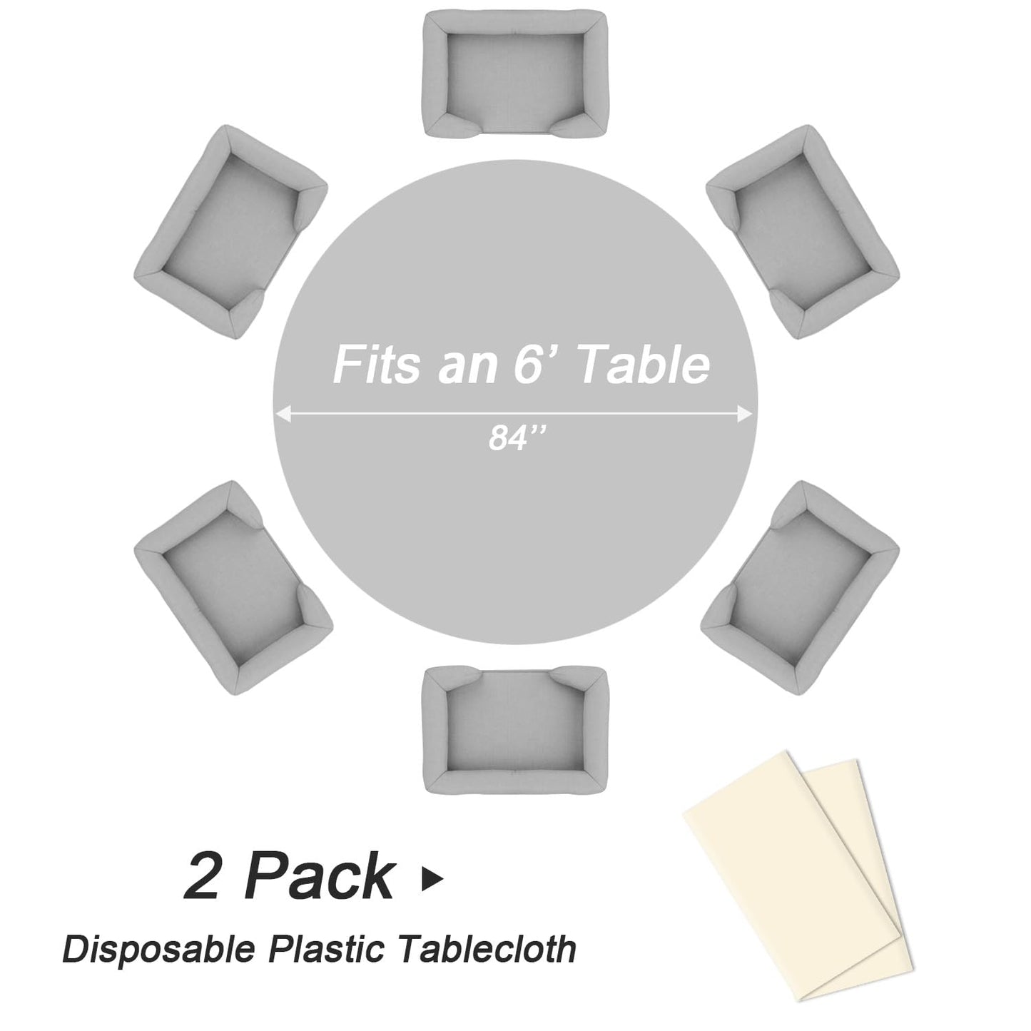 QIKSION Ivory Round Tablecloth 2 Pack, 84 Inch Plastic Table Cover Disposable for Parties