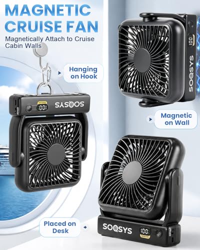 5000mAh Black Cruise Approved Portable Magnetic Fan - 4-Speed Travel Fan