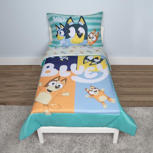 Bluey Blue 4-Piece Toddler Bedding Set with Reversible Comforter & Sheets – Fits Standard Toddler Bed, Boy or Girl