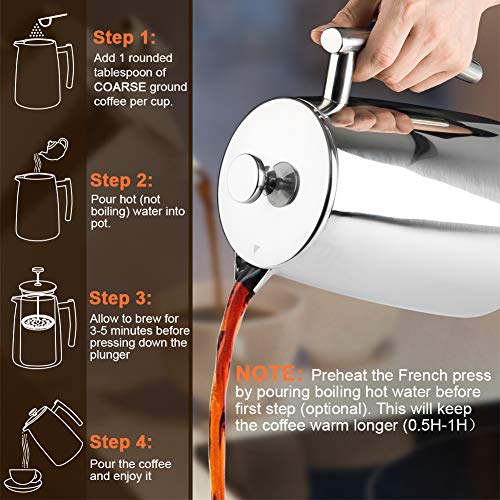 34-Ounce Stainless Steel French Press Coffee Maker with Extra Screen