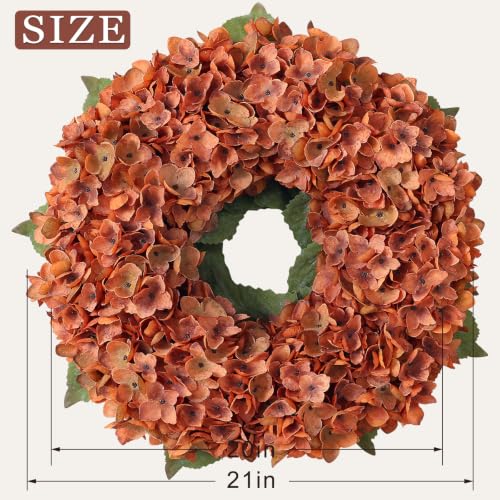 21-Inch Artificial Fall Hydrangea Wreath for Front Door Decor - Orange, Lush & Durable
