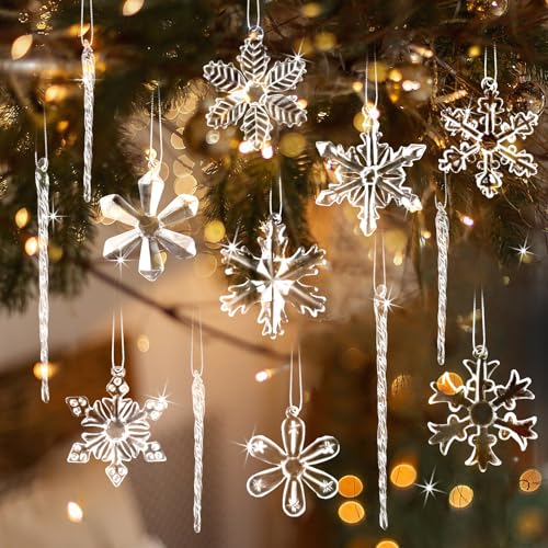 GuassLee 36Pcs Glass Snowflake & Icicle Ornaments Set - Clear Christmas Tree Decorations