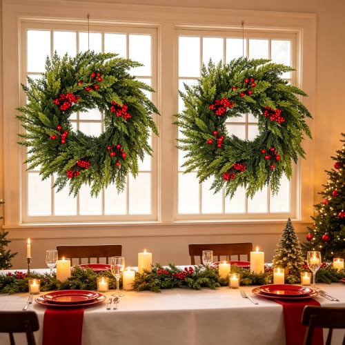 FJAKA 20in Christmas Wreath with Red Berries - Front Door Decor, Indoor/Outdoor, Norfolk Pine Accent