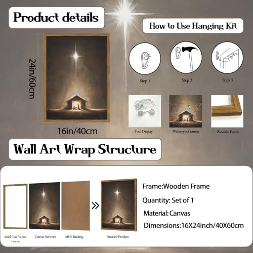 24x16 Inch Nativity Scene Wall Art Jesus Bethlehem Star Canvas Framed Religious Decor