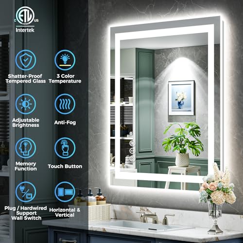 YEELAIT 24x32 Inch LED Bathroom Mirror with Lights, White, Anti-Fog, Dimmable