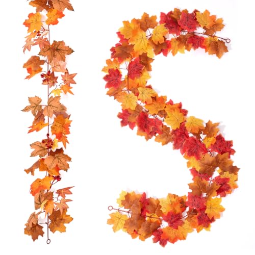 Artificial Maple Leaf Garland with Pomegranate - Fall Home Decor, 7 Colors Mix