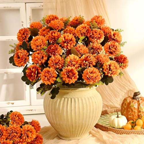 Waipfaru 8 Pcs Fall Artificial Mums in Orange - Realistic Faux Flower Decor